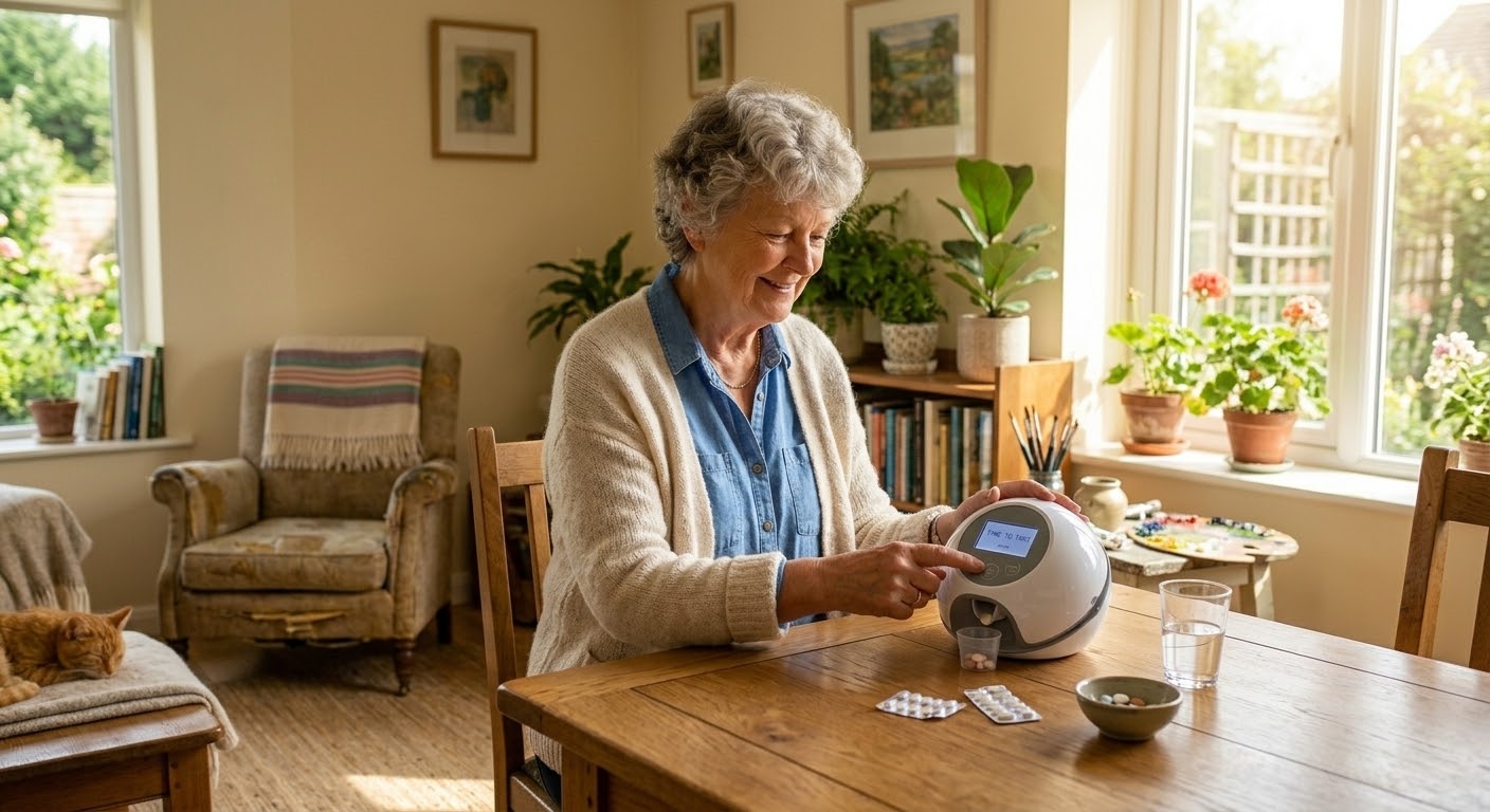 Senior woman using an automatic medication reminder at her kitchen table